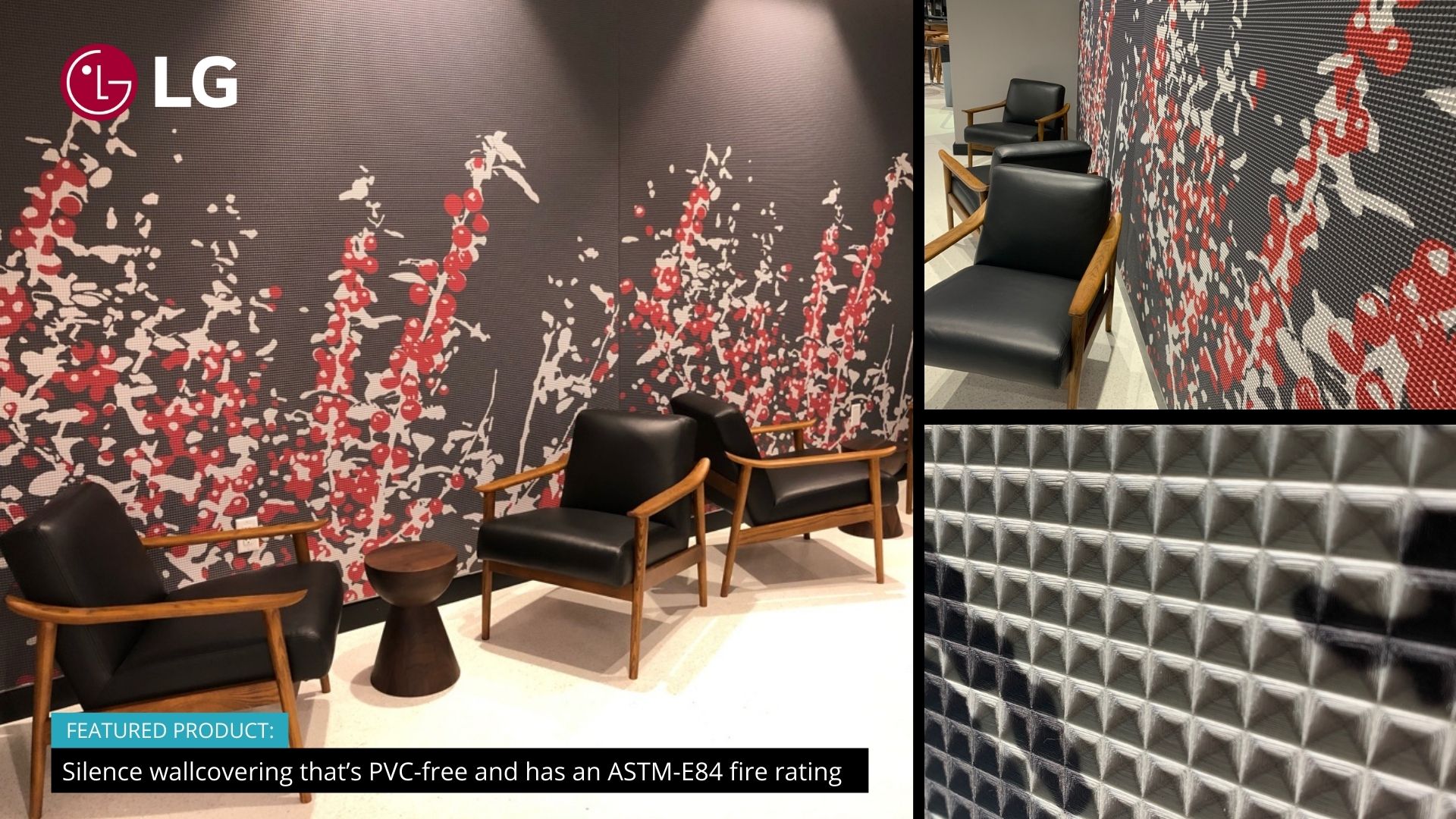 Photo of LG's corporate office where there is a wall with black, red, and white floral wallpaper made of texturized sound dampening modular material – as well as groupings of chairs and round tables