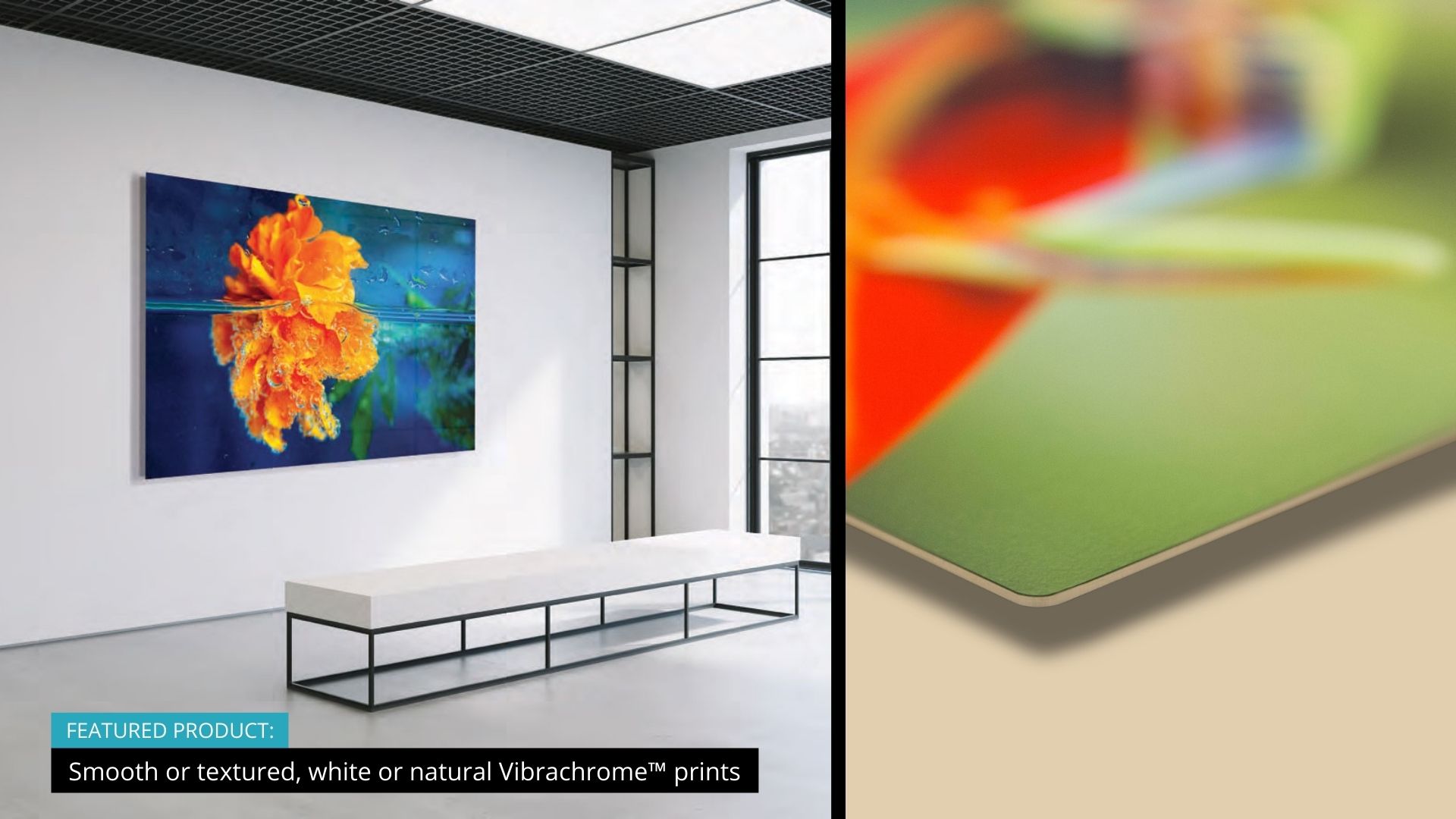 Photo of a white corporate office wall with a bright colorful vibrachrome photo print of a abstract blue yellow and green artwork