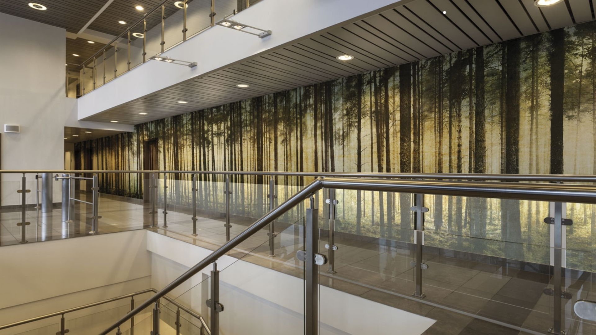Photo of a hallway in a corporate building with a photo wallpaper of realistic trees